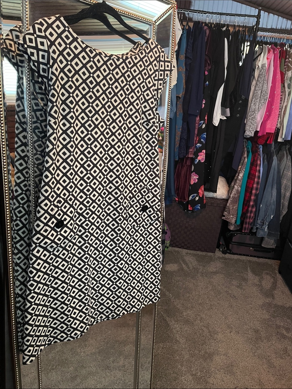 Black & White Geometric Midi Shift Dress
